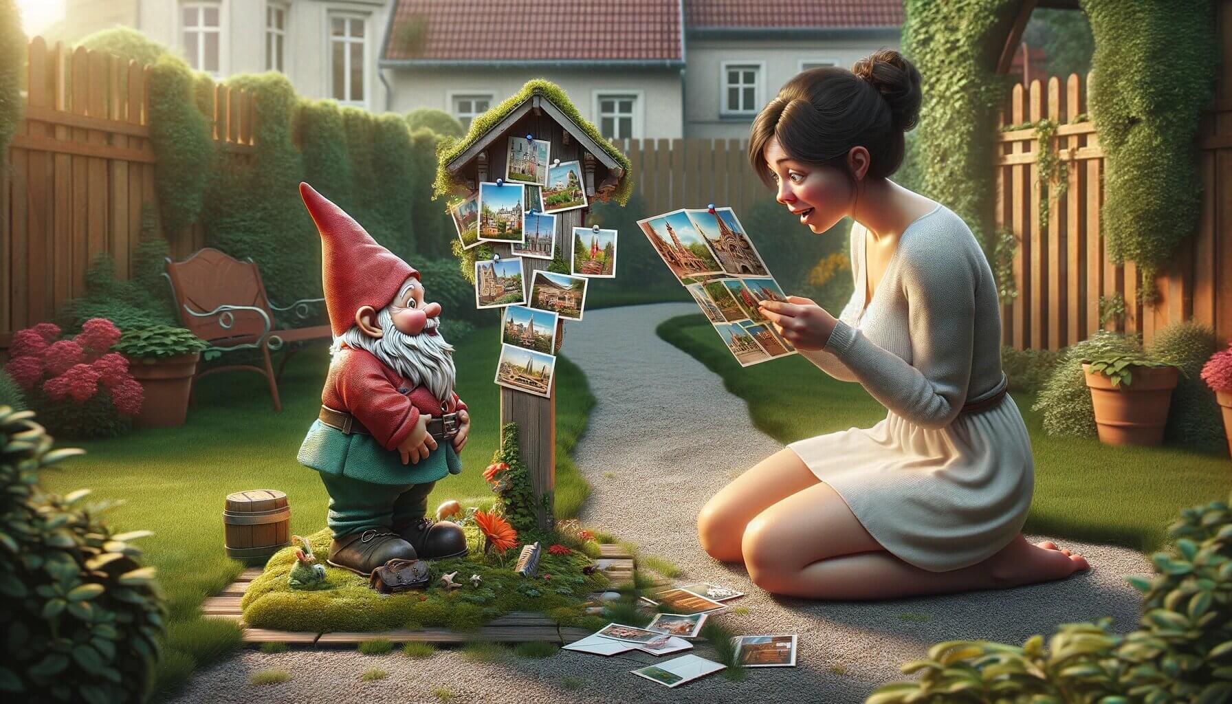 Ihr verschwundener Gartenzwerg schickt ihr Postkarten